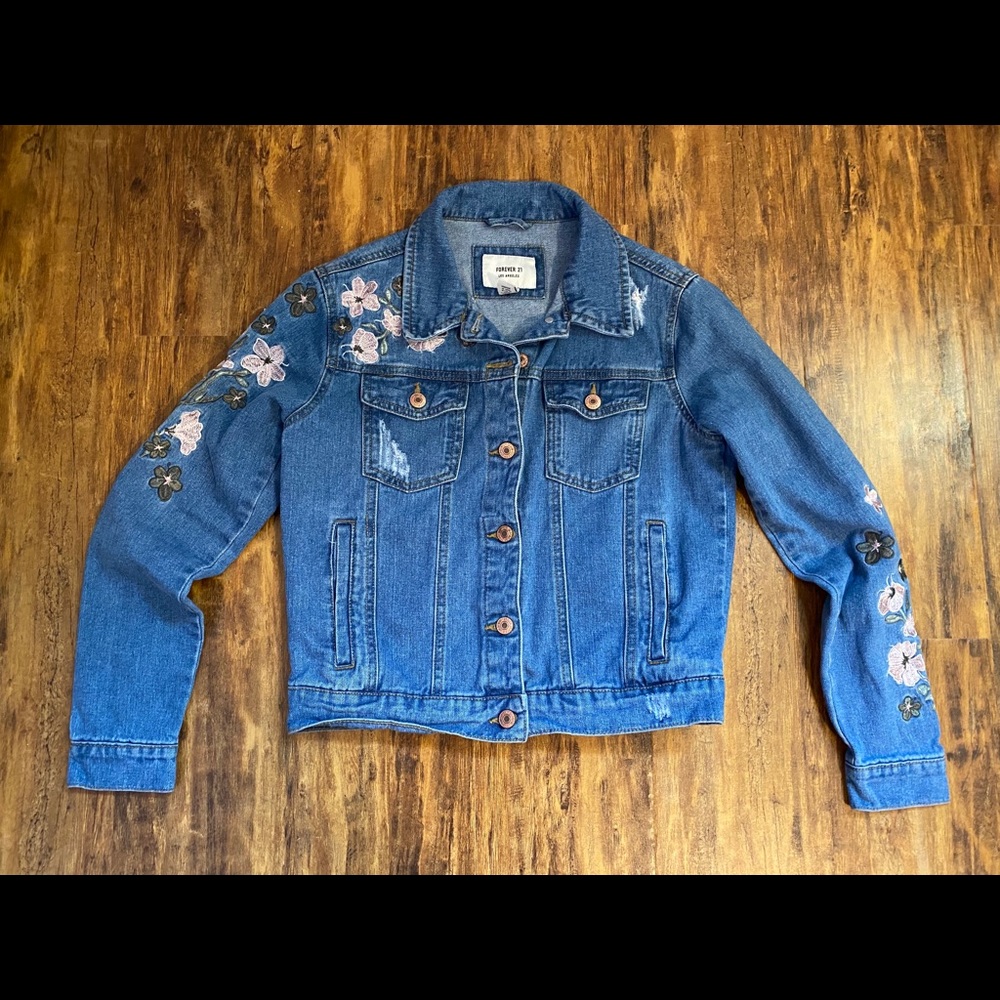 Forever 21 floral embroidered denim jacket